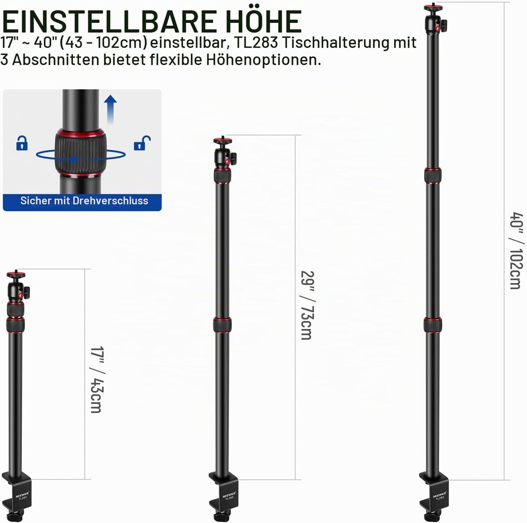 NEEWER verstellbares Kamera Tischstativ Lichtstativ mit 1/4" Kugelkopf,Klemmstativ mit 1/4" Adapter