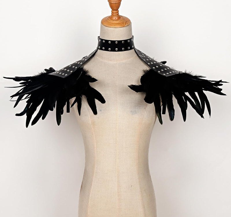 keland Gothic Leder Feder Epauletten Schulterklappen Schulterschmuck Umhang Schultertuch mit Halsrei