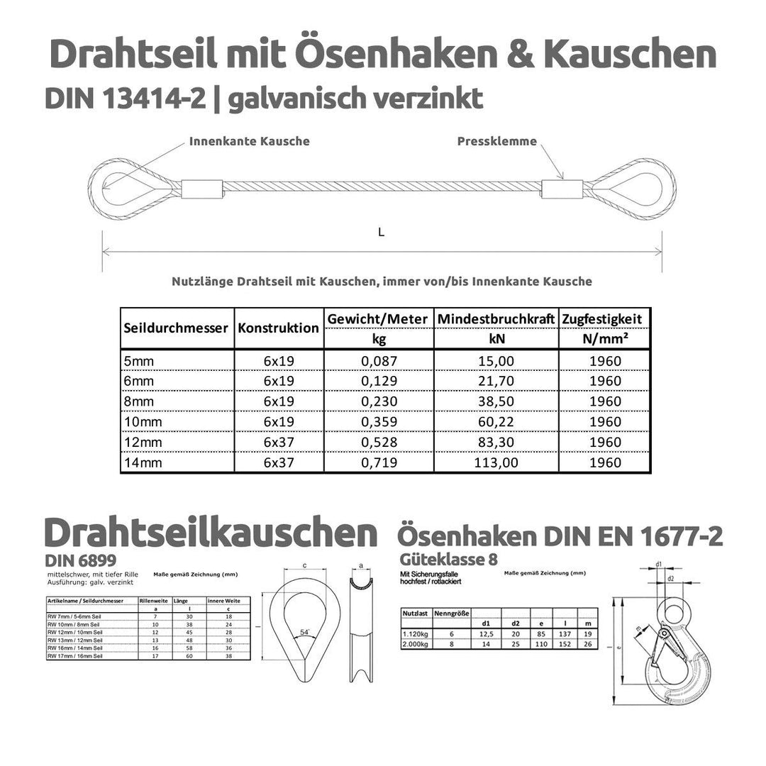 Drahtseile24 Stahlseil mit Haken, Drahtseil mit Haken – Anschlagseil, Forstseil | 5mm – 14mm | 1m –