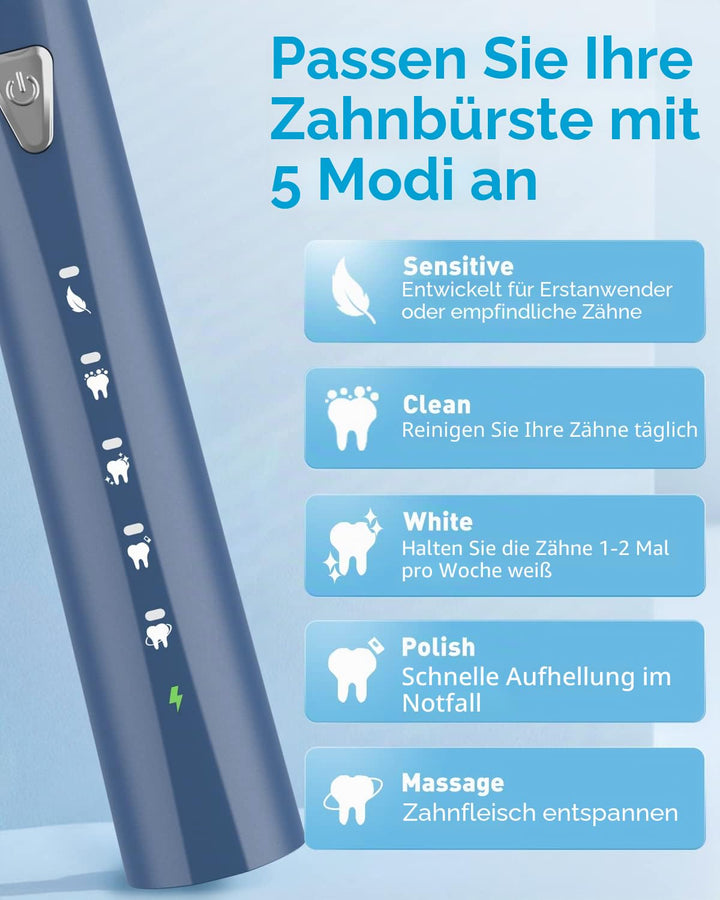 Sonic Elektrische Zahnbürste für Erwachsene und Kinder, wiederaufladbare Schallzahnbürste mit 8 Bürs