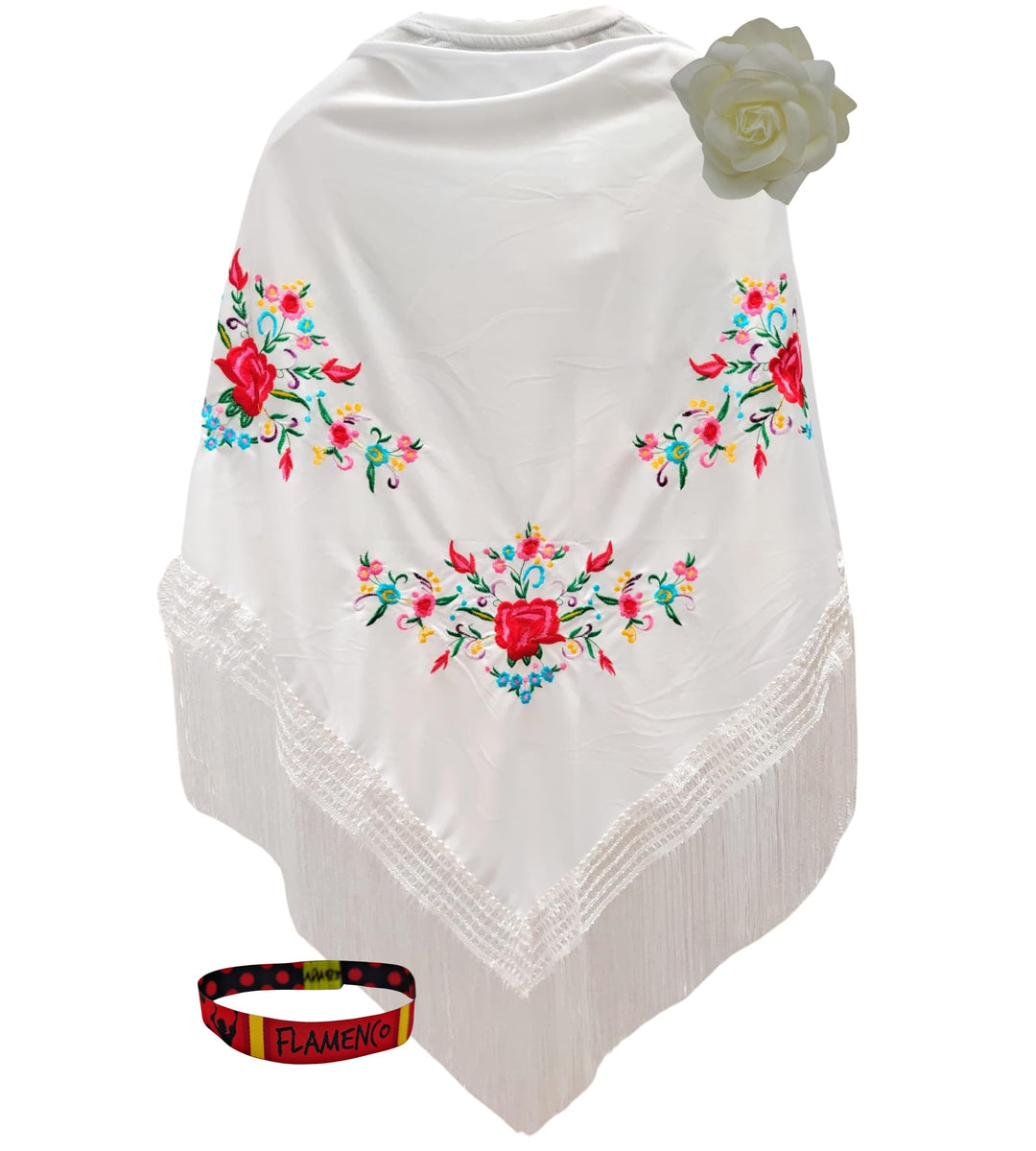 Schal mit Blumenstickerei mit Zubehör Weiss, 3 Blumen, Weiss, 3 Blumen
