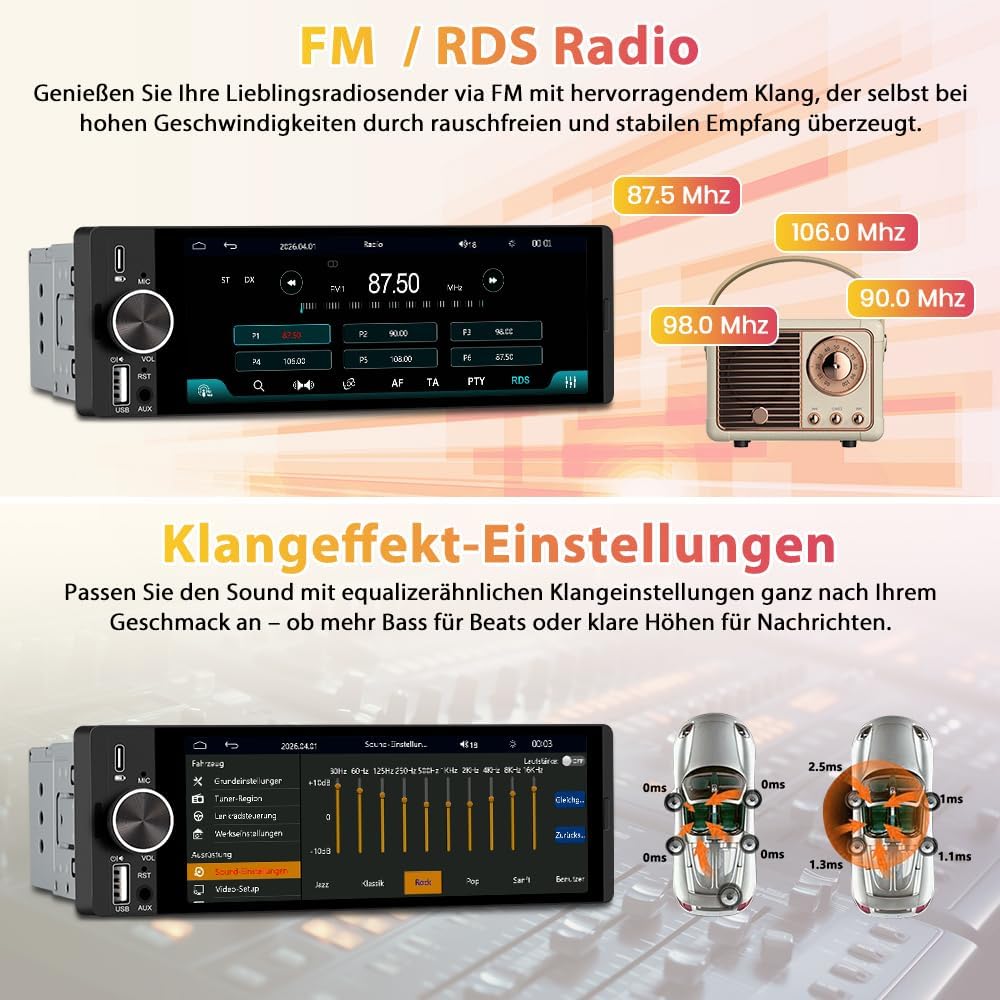 1 DIN Universales Autoradio, Carplay, Android Auto, DAB+, Rückfahrkamera | 6,28 Zoll Touchscreen, On
