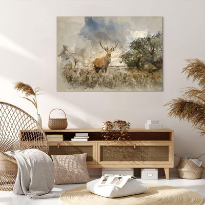 Bilder auf Leinwand 100x70cm Leinwandbild mit Rahmen rotwild natur Gross Wanddeko Bild Schlafzimmer