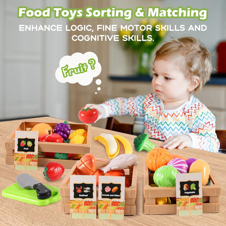 BunnyJOY Kinderküche Spielküche Zubehör, Kaufladen Kaufmannsladen Zubehör, Einkaufskorb Kinder, Gemü
