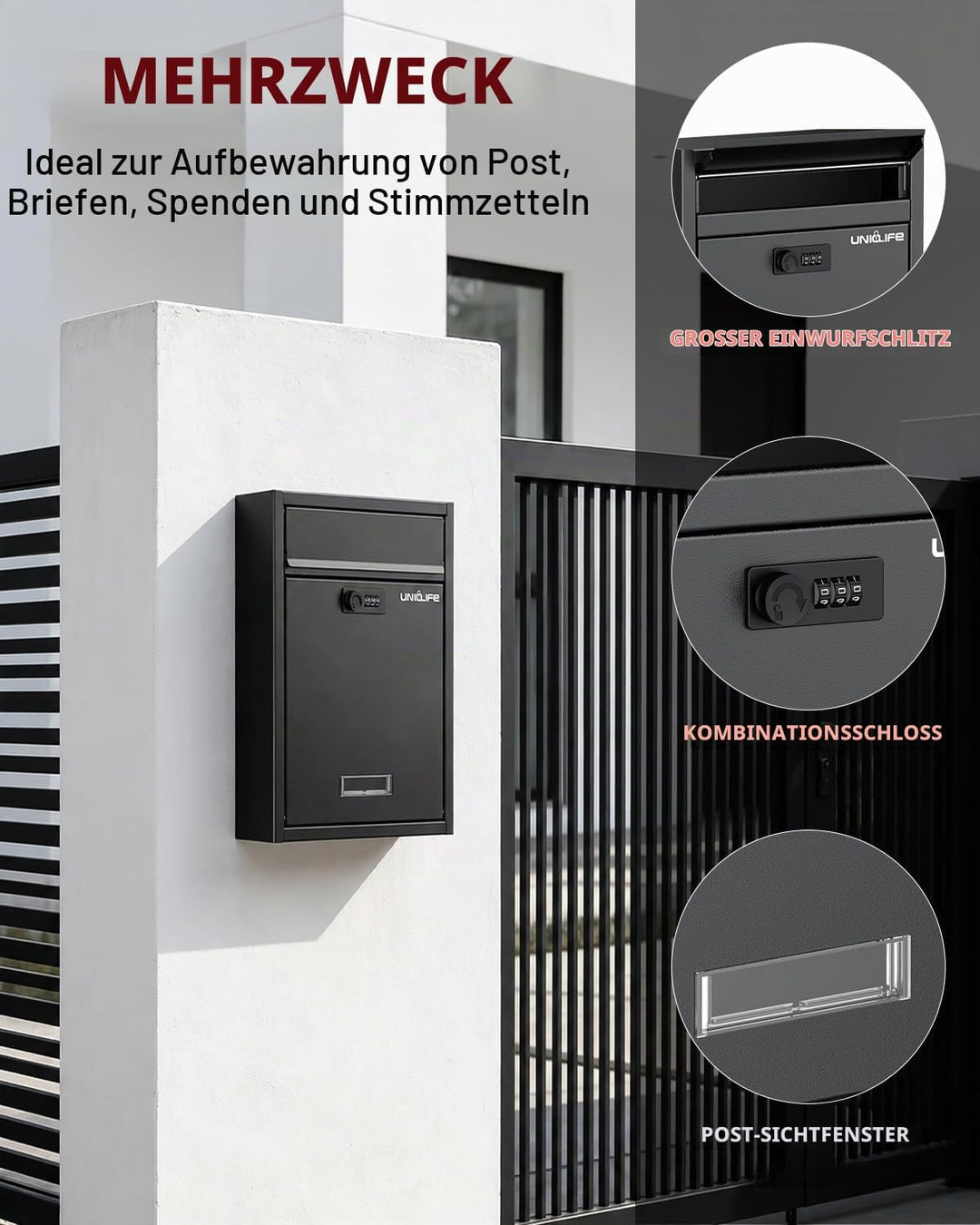 Uniclife Wall Mount Mailbox für aussen, grosse Ablagefach mit Zahlenschloss, Sicherheit Schliessung