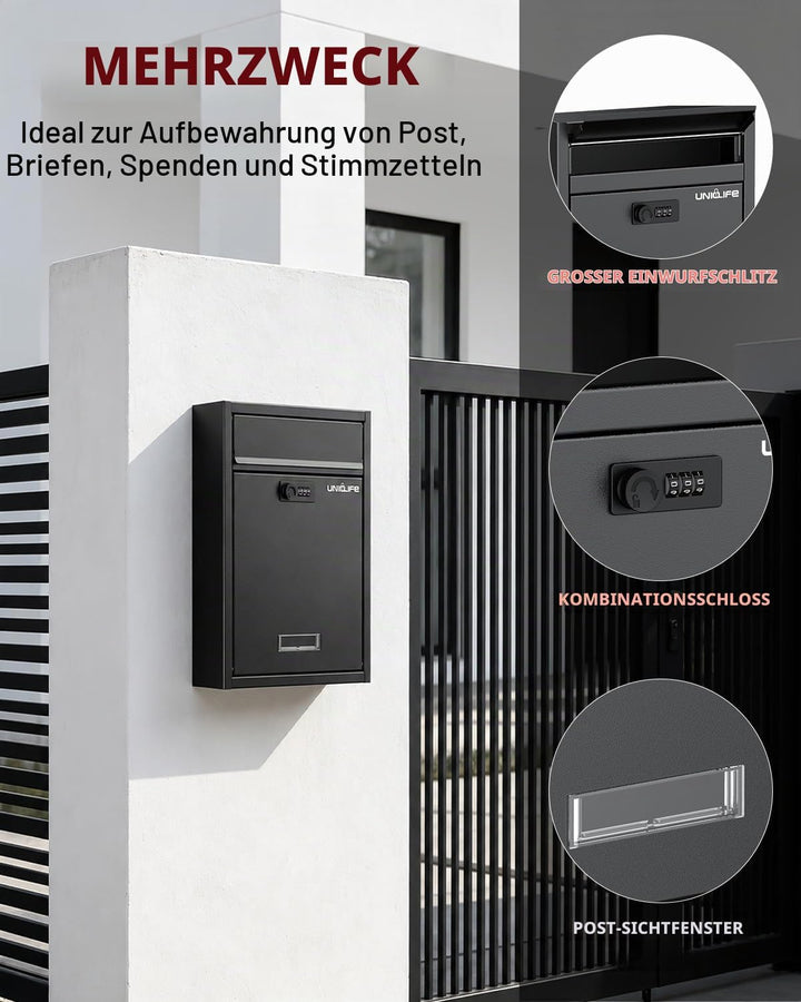 Uniclife Wall Mount Mailbox für aussen, grosse Ablagefach mit Zahlenschloss, Sicherheit Schliessung