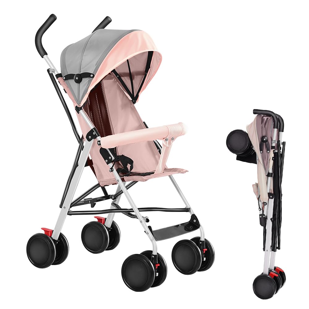 Kinderbuggy, Kinderwagen Zusammenklappbar, Reise-Kinderwagen mit Wattepads und Moskitonetzen (Rosa),