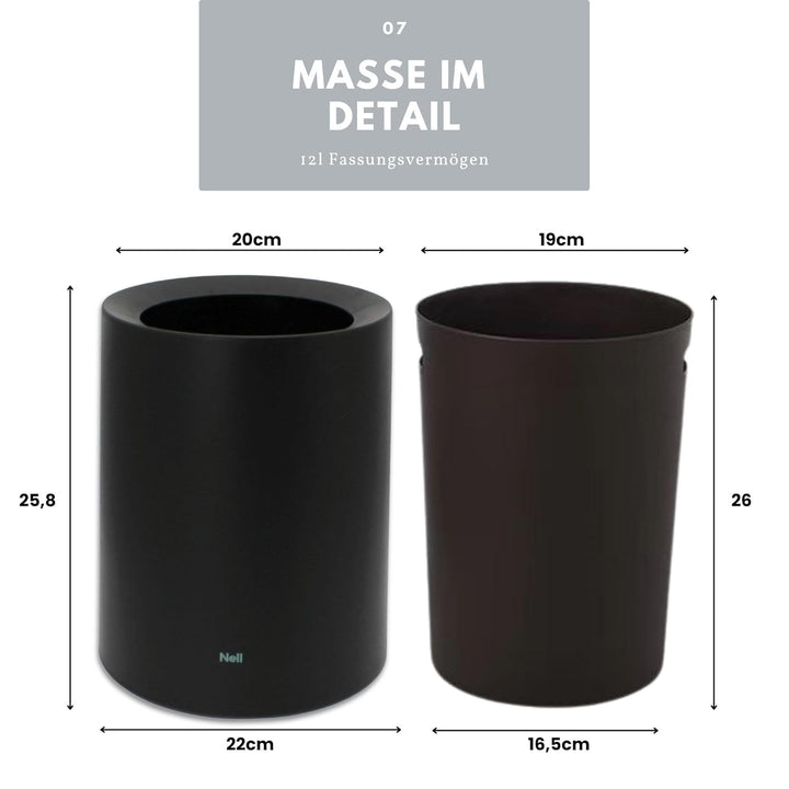 Nell 8L Mülleimer Bad Schwarz Matt – Eleganter Kosmetikeimer und WC Mülleimer, Vielseitiger Büro- un