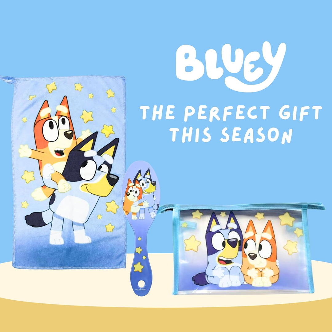 Bluey Kulturbeutel für Kinder, Design Bluey und Bingo Inklusive Haarbürste, Handtuch, Geldbörse, PVC
