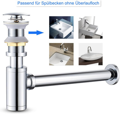 KEOKBON Badezimmer Waschbecken Flaschenfalle, Siphon & Pop up Ventil Ablaufgarnitur ohne Überlauf St