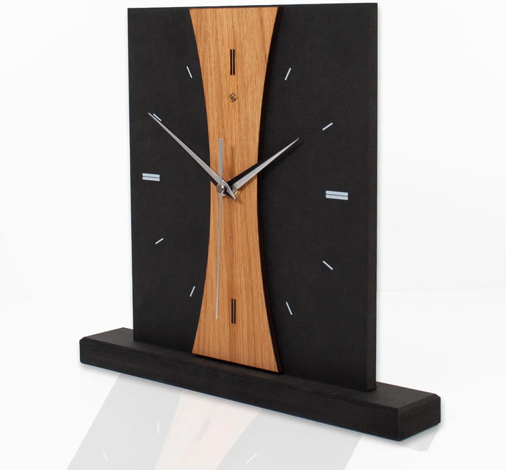 Kreative Feder Standuhr „Brown Stripe“ aus Holz – Schwarze Tischuhr in modernem Look ohne Ticken (Br
