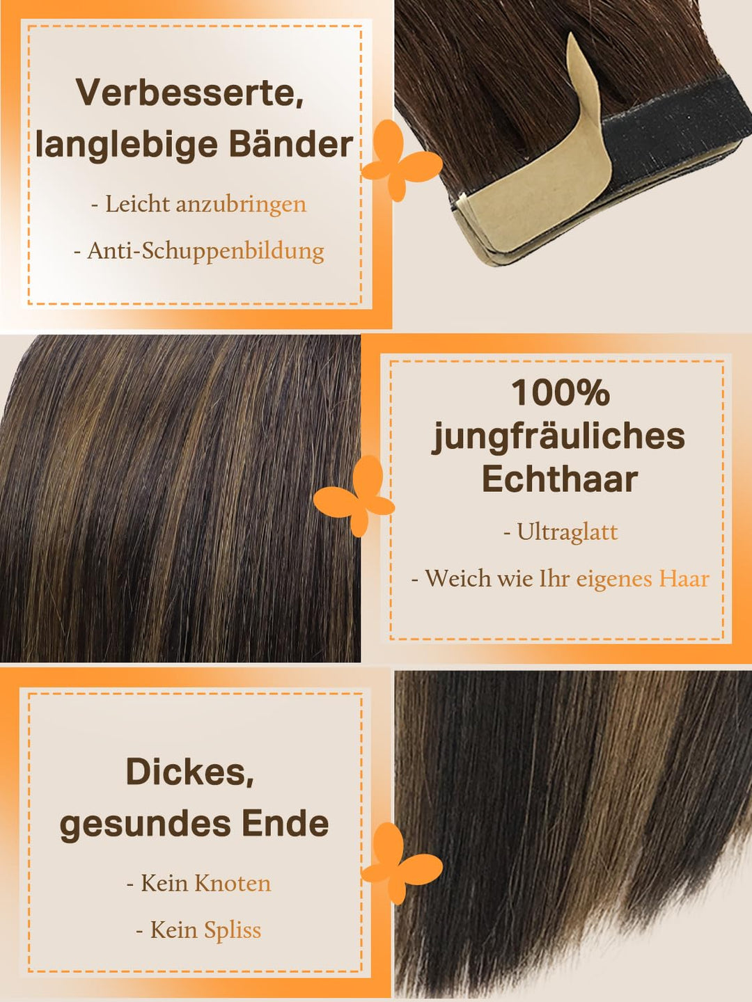 DOORES Haarverlängerungen zum Einkleben, Echthaar, Dunkelbraun bis Kastanienbraun, 30,5 cm, 40 g, 20