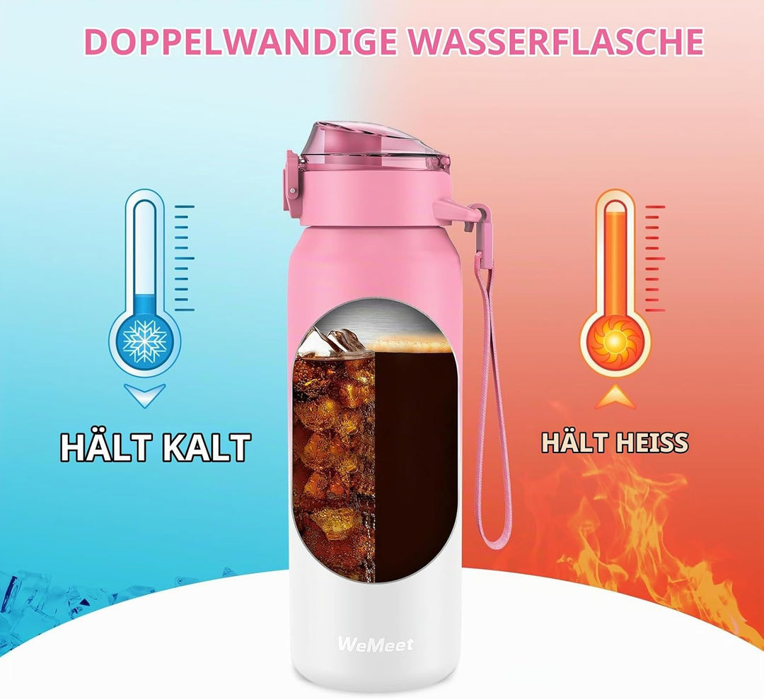 WEMEET Trinkflasche 18/10 Edelstahl mit Abnehmbare Strohhalm 500ML, Auslaufsicher Edelstahlflasche D