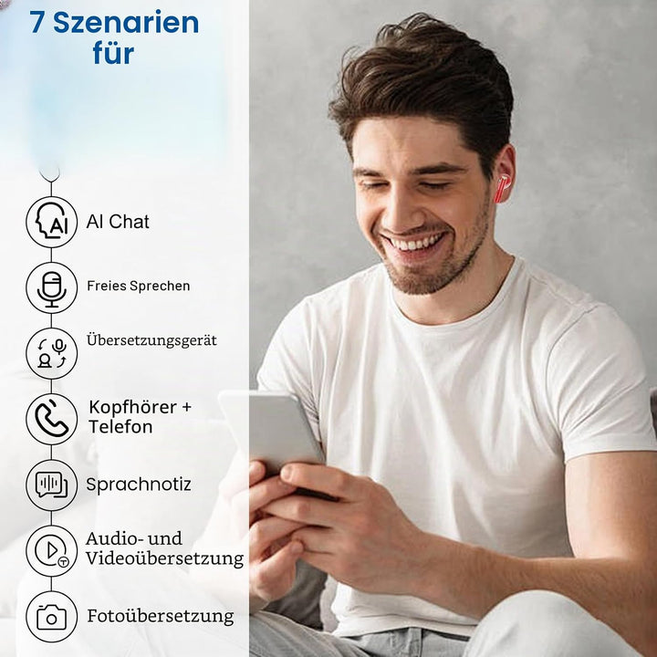 Neu KI Kopfhörer Übersetzer, 48 Std 3-in-1 Echtzeit Sprachübersetzer Kopfhörer 164 Sprachen/7 Modi m