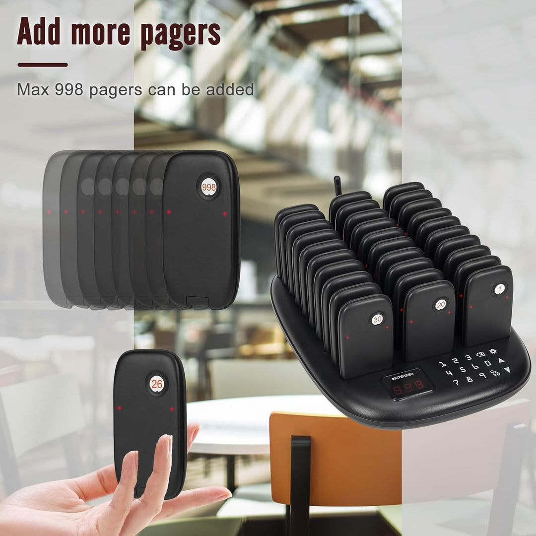 Retekess TD175P Pager Rufsystem, Pager Gastronomie, 30 Pagers, Draussen 1000M, 7 Rufmodi, Einfache P