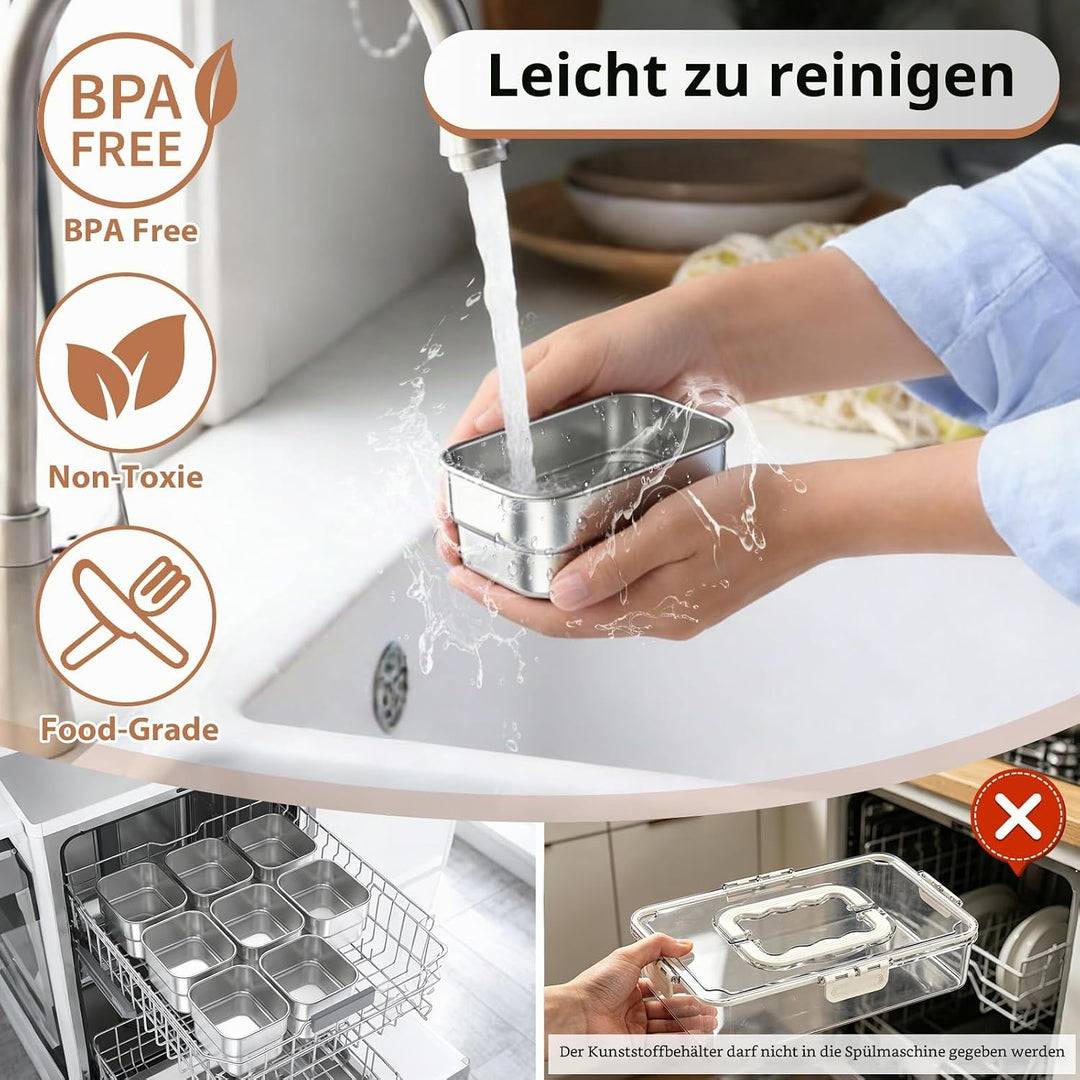 Snackle Box Behälter, Edelstahl-Lebensmittelbehälter mit 8 Fächern, Silikondeckel und Griff, durchsi