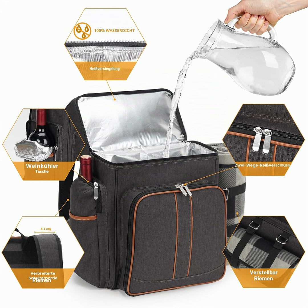 Picknick-Rucksack für 4 Personen, Picknickkorb-Set, auslaufsichere Picknicktasche, Strandkühlrucksac