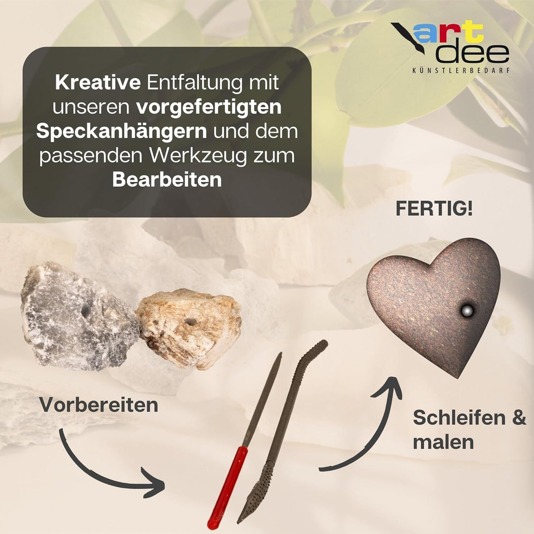Speckstein Set mit 2 Feilen und Raspeln – Specksteine (10 Stück) und Werkzeug zum Schnitzen und Feil