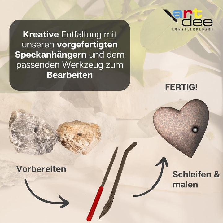 Speckstein Set mit 2 Feilen und Raspeln – Specksteine (10 Stück) und Werkzeug zum Schnitzen und Feil