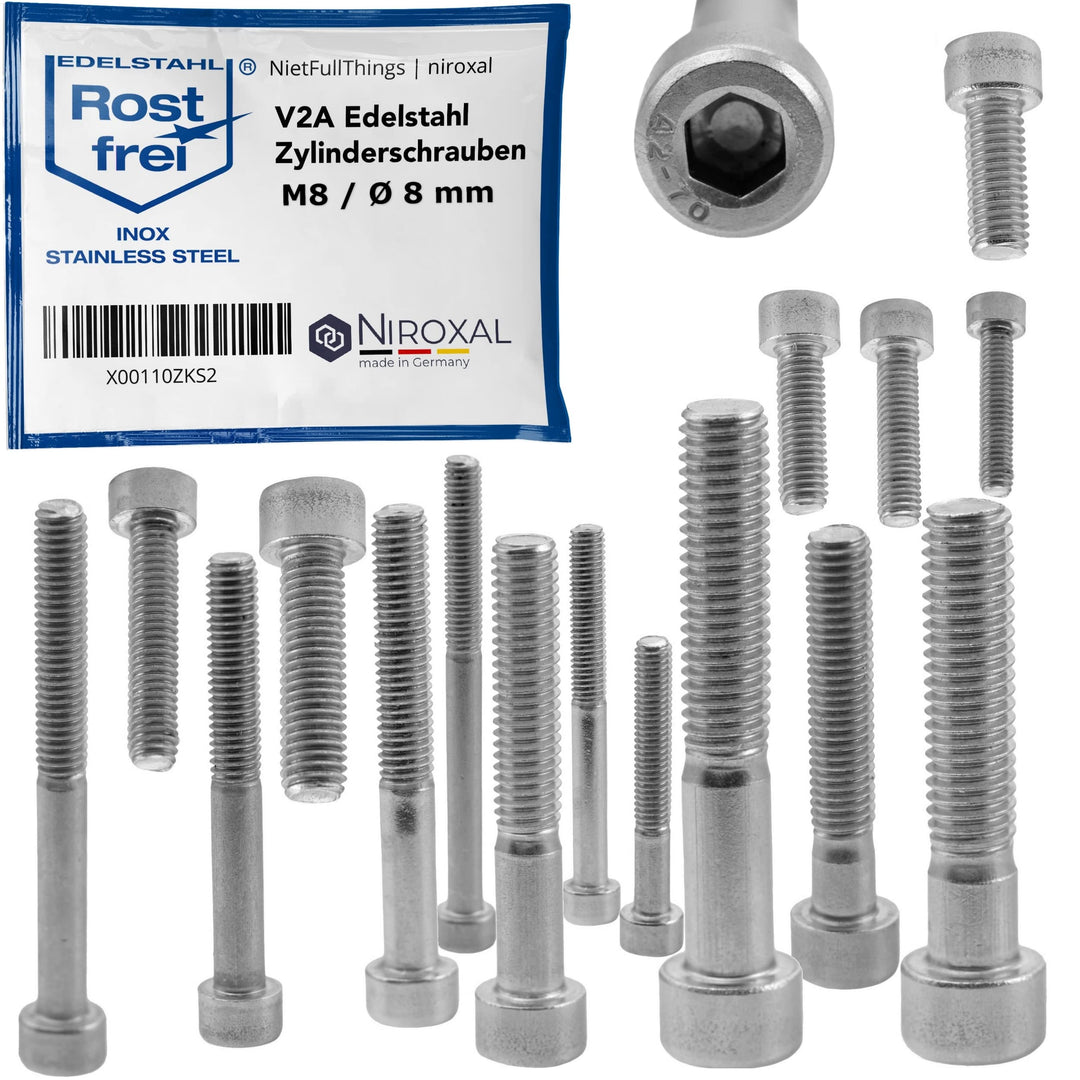 Edelstahl Zylinderkopfschraube rostfrei V2A M8 (=8 mm) 80-mm Schrauben-Länge 200 Stück 28-mm Teil-Ge
