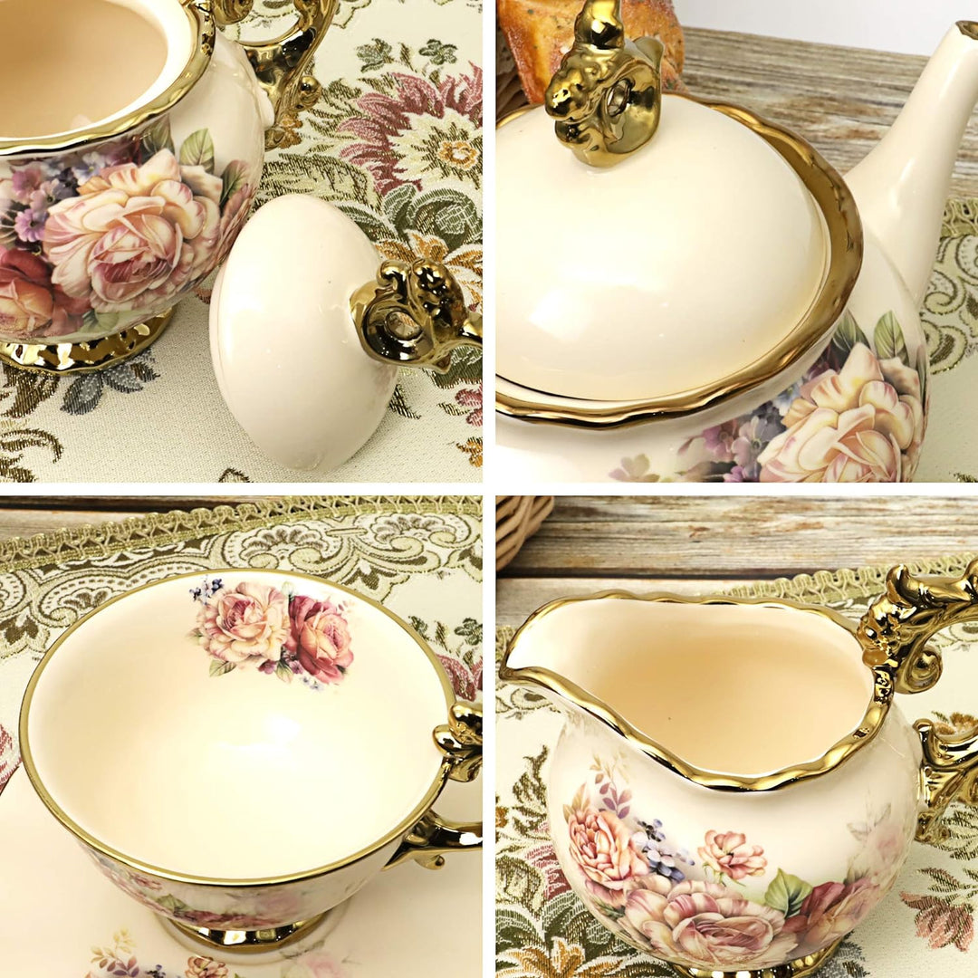 fanquare 15 Stück Rose Blumen Englische Keramik Tee Sets, Vintage China Kaffee Set, Tee Service für