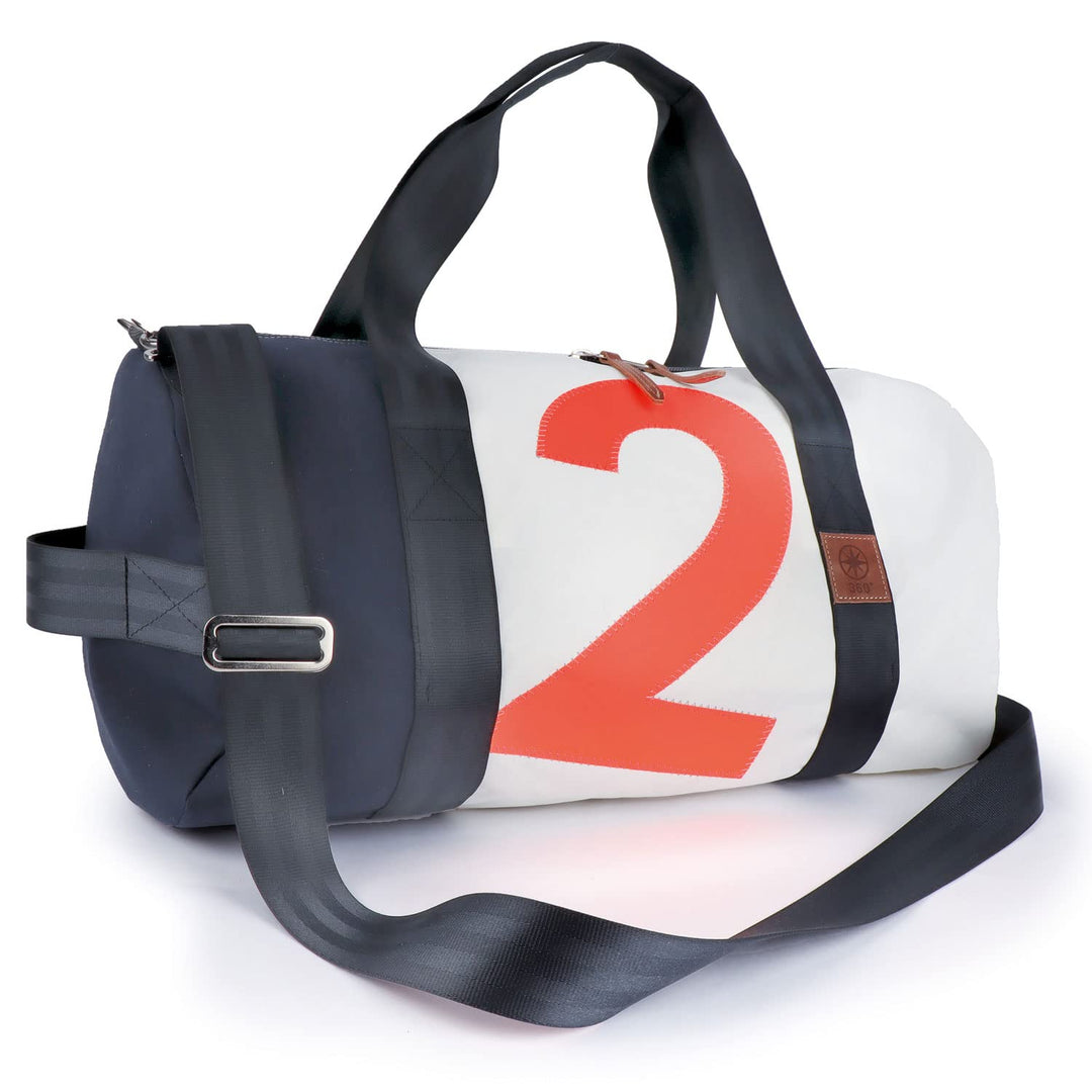 360 Grad Pirat Umhänge-Tasche Segeltuch weiss-blau, Zahl orange