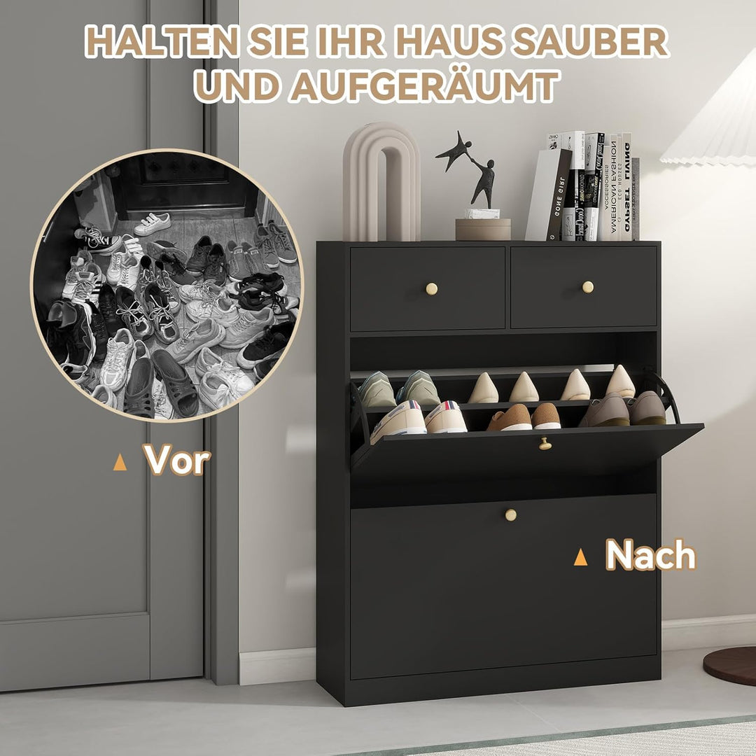 YOURLITE Schuhschrank Schmal, Schuhkipper mit 2 Klappen und 2 Schubladen, Schwarz Schuhregal, Trennw