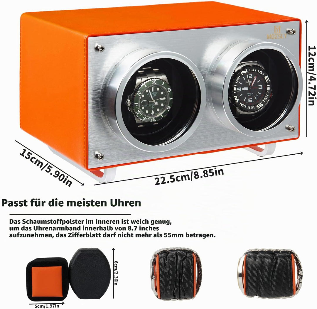 MOZSLY Doppel Uhrenbeweger für Automatikuhren mit leisem Motor Grau Hanf Baumwoll Gewebe Orange, Ora