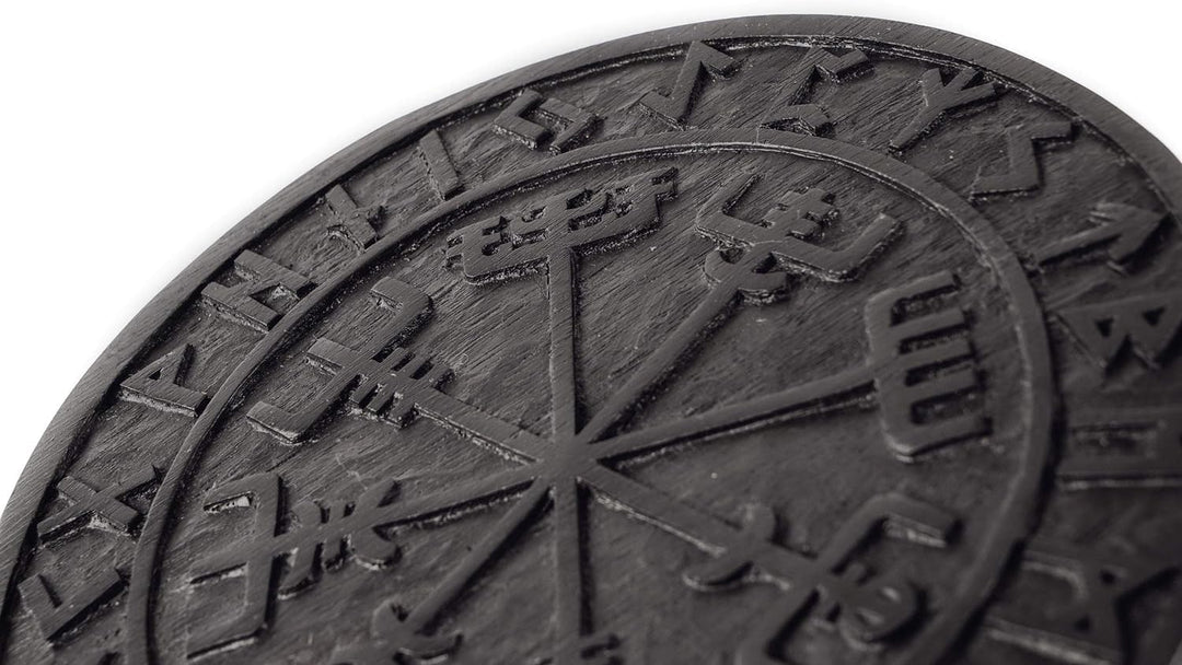 Windalf Schwarzes Vikings Holzbild Vegvisir Ø 23 cm Wikinger Kompass Futhark Handarbeit aus Holz