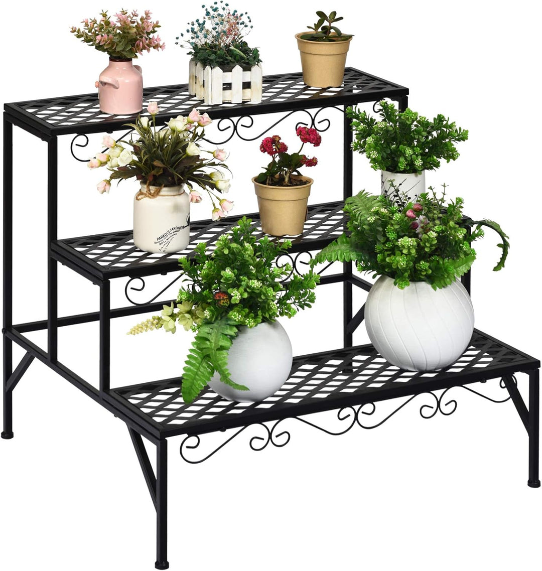 GOPLUS 3 Ebenen Metall Pflanzenständer, Blumentreppe Outdoor, Blumenregal Pflanzentreppe für Garten