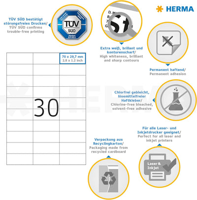 HERMA 4612 Universal Etiketten, 200 Blatt, 70 x 29,7 mm, 30 Stück pro A4 Bogen, 6000 Aufkleber, selb