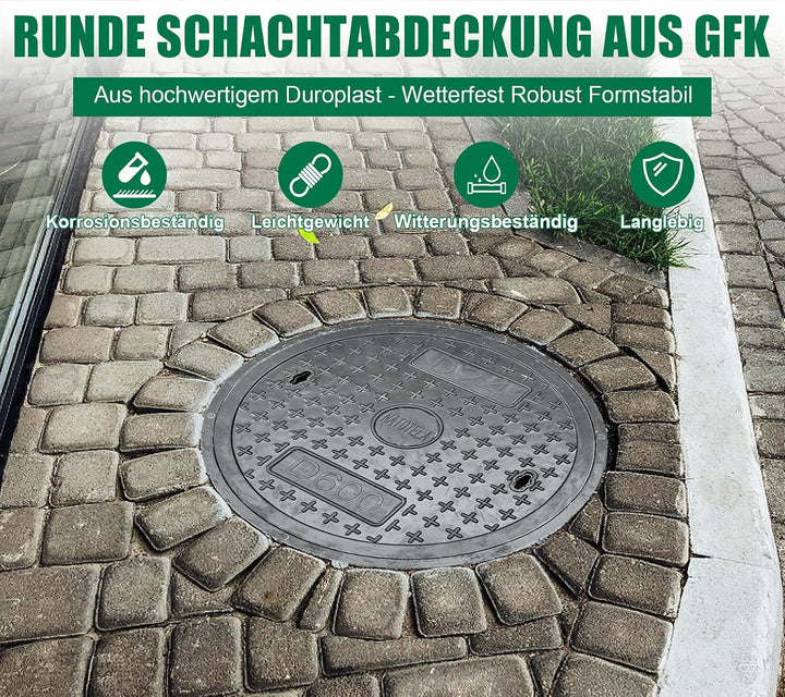 600 mm GFK-Schachtabdeckung Rund mit Rahmen Kanaldeckel | Rahmenmass: 690 mm - Lichte Weite: 550 mm
