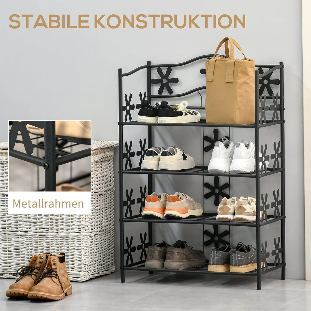 HOMCOM Schuhregal Pflanzenregal 4 Ebenen Metall 59,5 x 30 x 92 cm Schwarz | Blumenregal, Standregal,