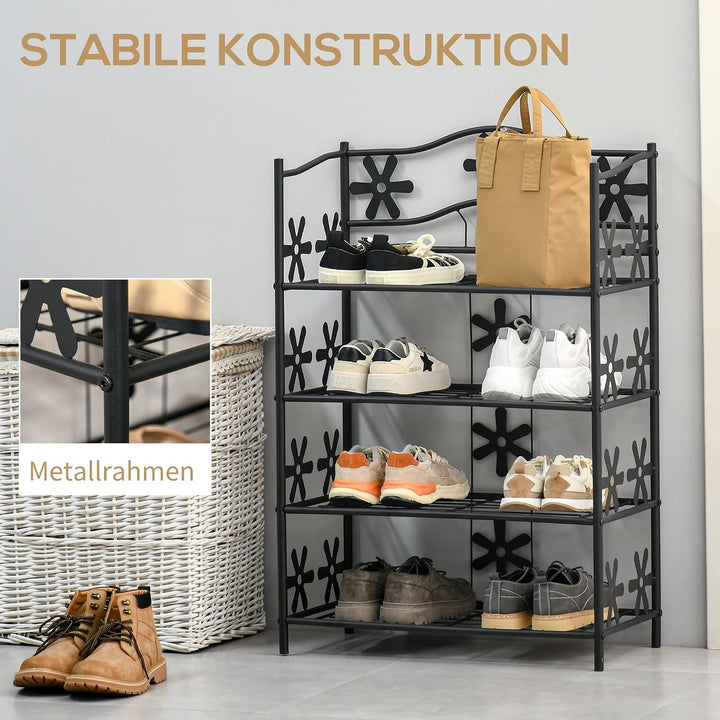 HOMCOM Schuhregal Pflanzenregal 4 Ebenen Metall 59,5 x 30 x 92 cm Schwarz | Blumenregal, Standregal,