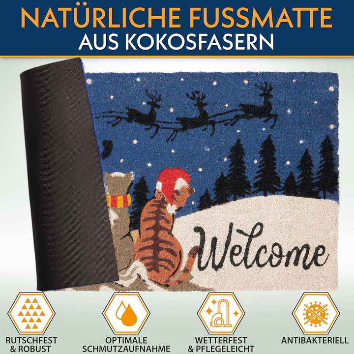 BRUBAKER Weihnachtsfussmatte mit Katzen - Welcome Fussmatte für Aussen und Innen - 45 x 75 cm Schmut