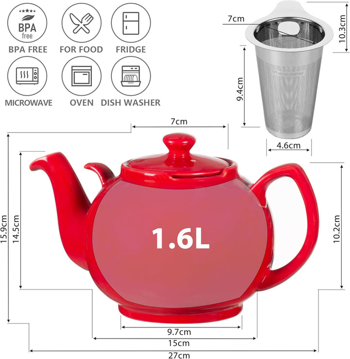 Teekanne mit Stövchen Keramik 1,6 L (Rot) Teekanne mit Edelstahl Sieb aus Keramik, Teekanne Liverpoo