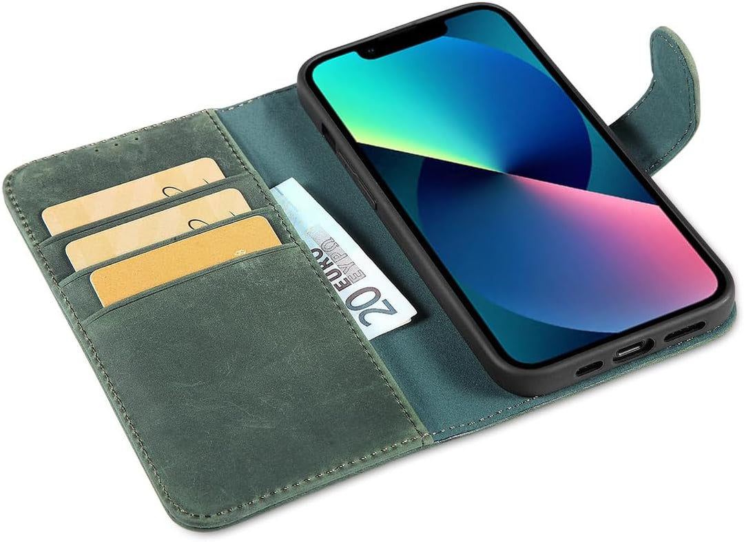 LENSUN Lederhülle für iPhone 13, Echtleder Handyhülle [Wallet Fach][RFID Schutz][Echtes Leder] Hülle