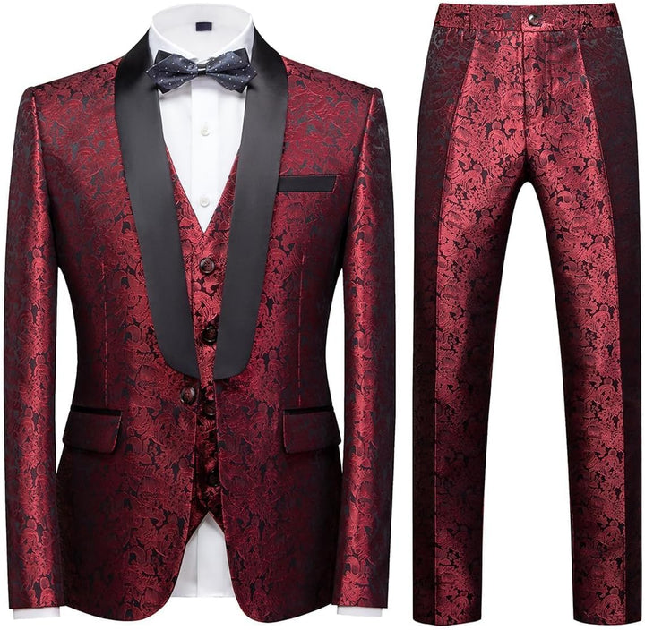 KUDORO Herren Anzüge 3-Teilig Slim Fit Paisley für Hochzeit Party Eine Knöpfe Jacquard Smoking Herre