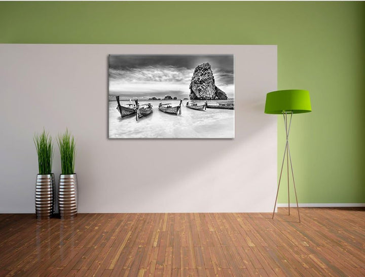 Pixxprint Monocrome, Schöne Boote von Einheimischen im Pazifik, Format: 100x70 auf Leinwand, XXL rie