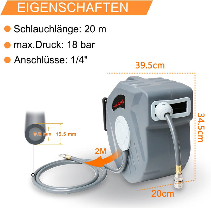 20m Druckluftschlauch 1/4" Anschluss Schlauchtrommel Wandmontage Luftschlauch Trommel 180° Schwenkba