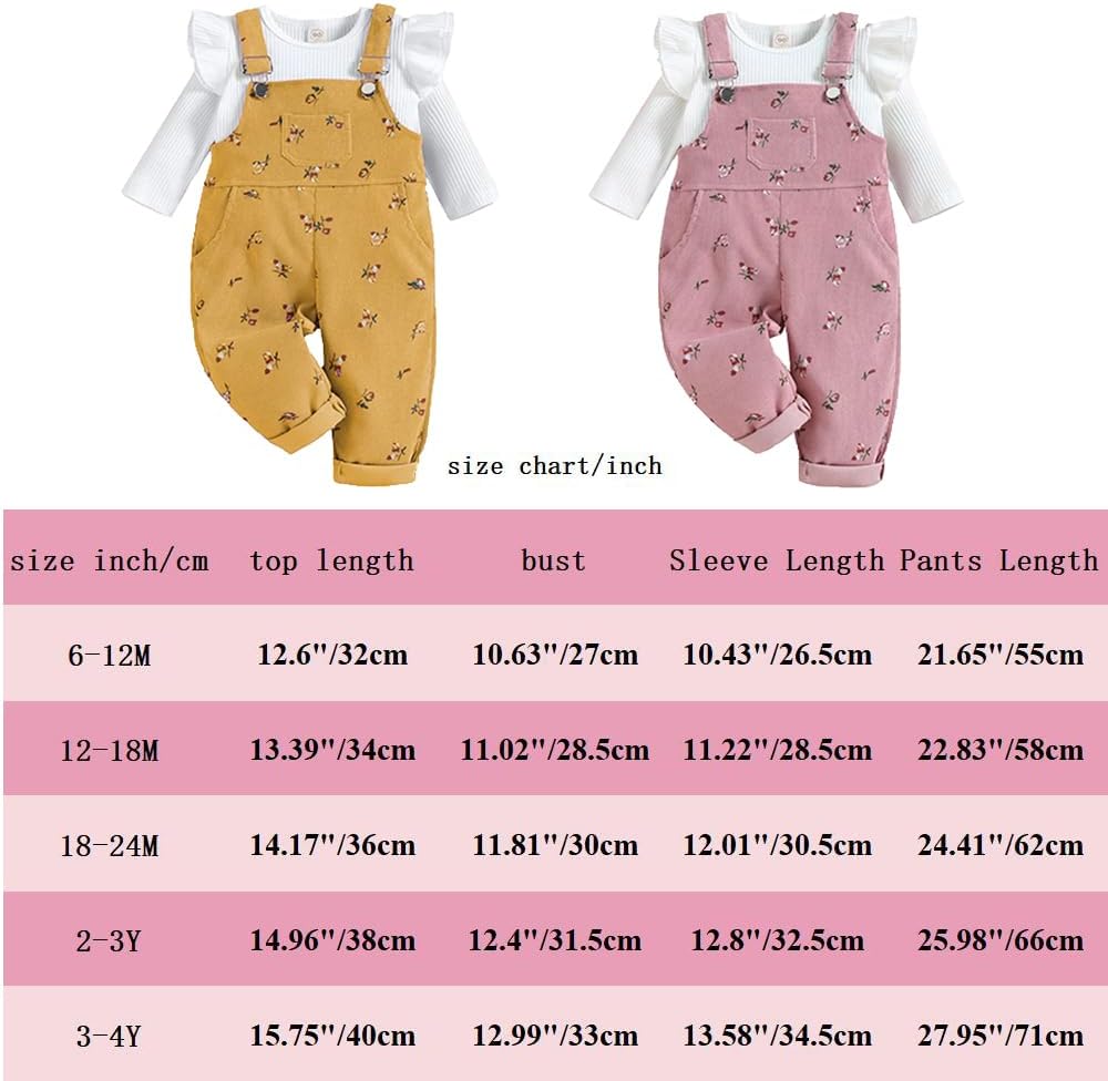 Baby Mädchen Kleidung Rippstrick Langärmelig Oberteile Blumenmuster Hosenträgerhose mit Tasche Outfi