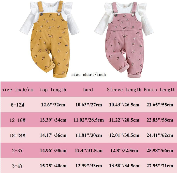 Baby Mädchen Kleidung Rippstrick Langärmelig Oberteile Blumenmuster Hosenträgerhose mit Tasche Outfi