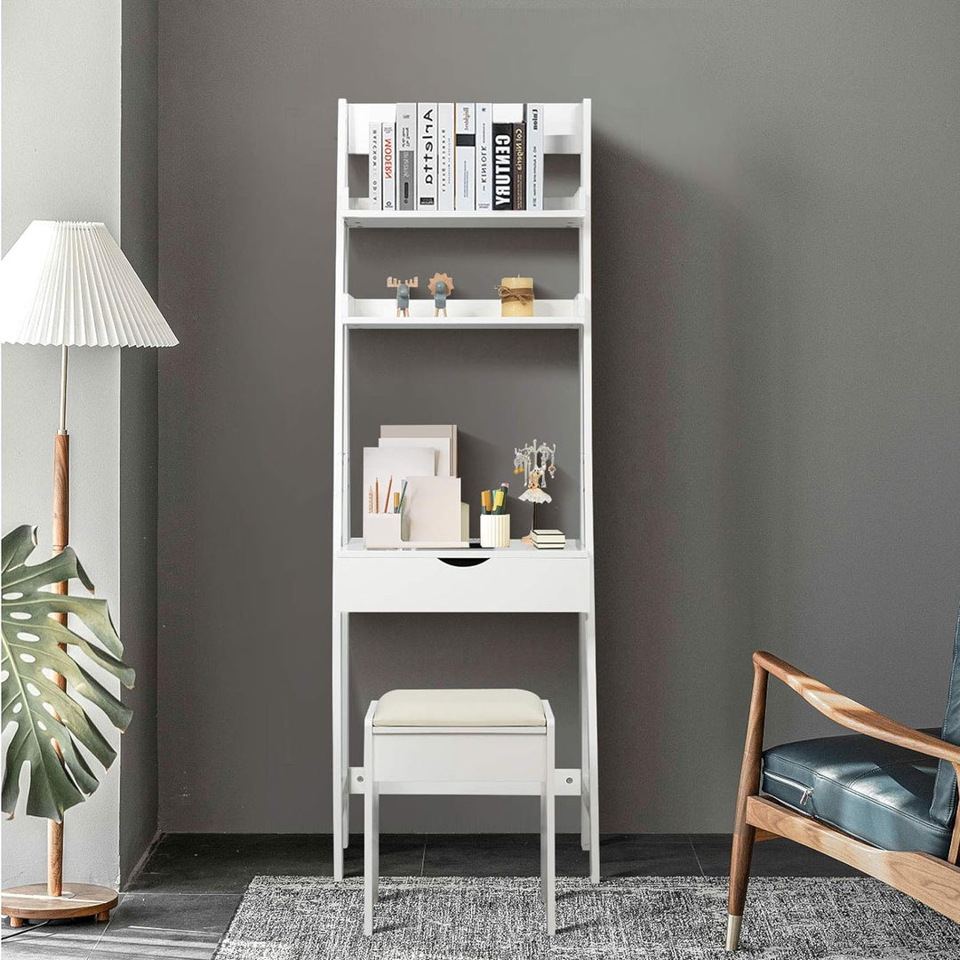 DREAMADE Schminktisch, Kosmetiktisch mit Klappspiegel & Leiterregal, Make-up Tisch aus Holz, Frisier