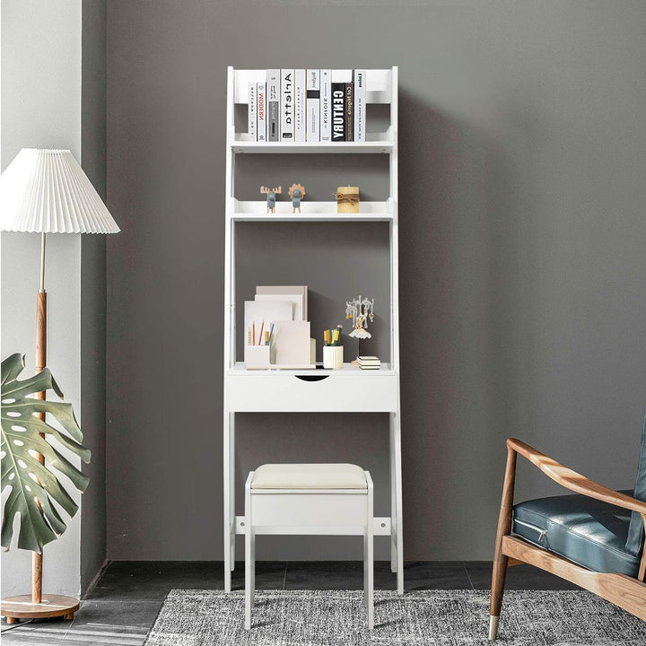 DREAMADE Schminktisch, Kosmetiktisch mit Klappspiegel & Leiterregal, Make-up Tisch aus Holz, Frisier