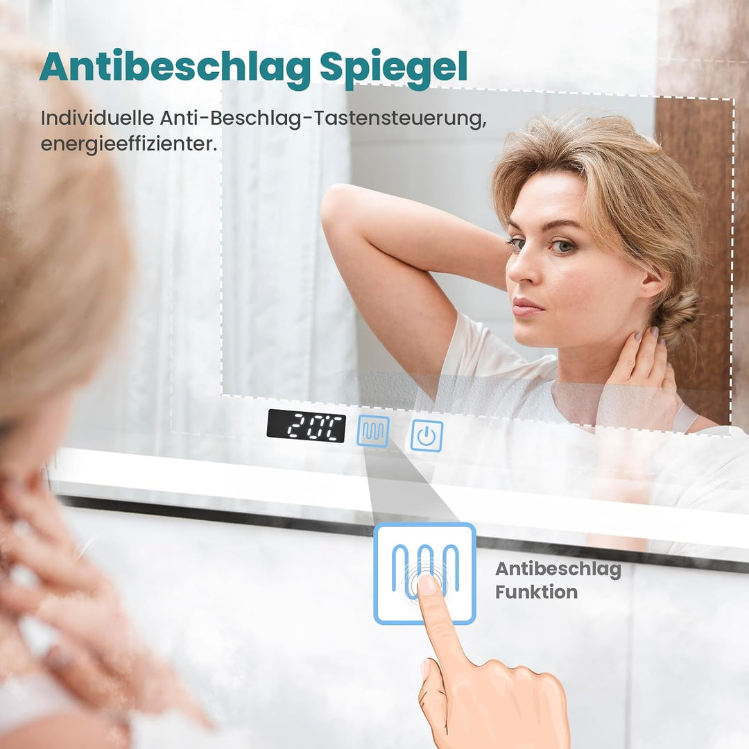 YOURLITE Badspiegel mit Beleuchtung 60x80cm, LED Spiegel Bad mit Uhr, 3 Lichtfarben Dimmbar, Badezim