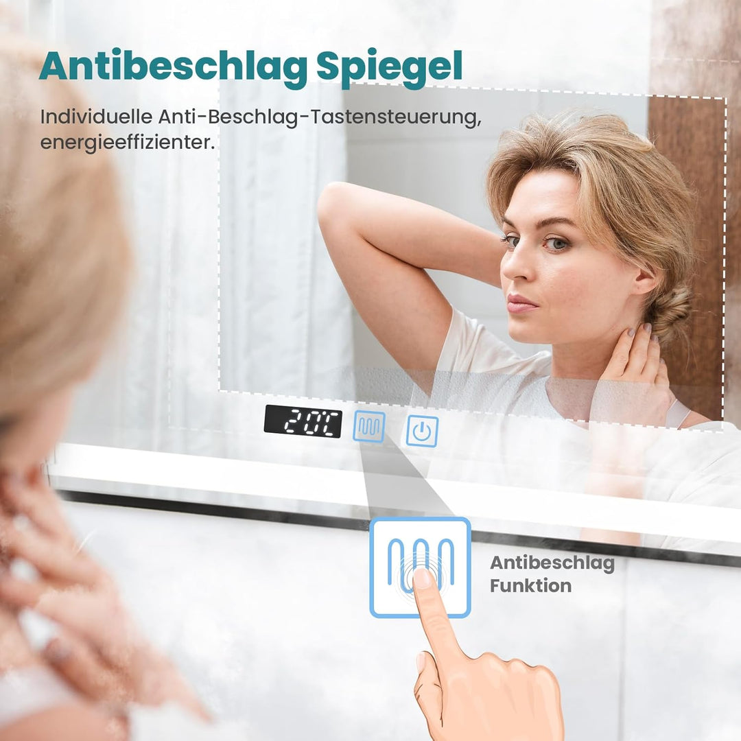 YOURLITE Badspiegel mit Beleuchtung 60x80cm, Badezimmerspiegel mit Beleuchtung LED mit Uhr, 3 Lichtf