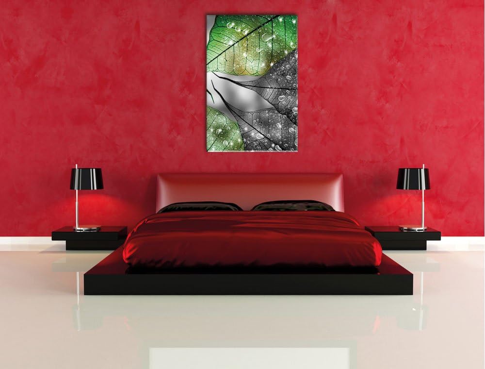Pixxprint grüne Blätter mit Wassertropfen schwarz/weiss, Format: 70x100 auf hochkantiges Leinwand, 7
