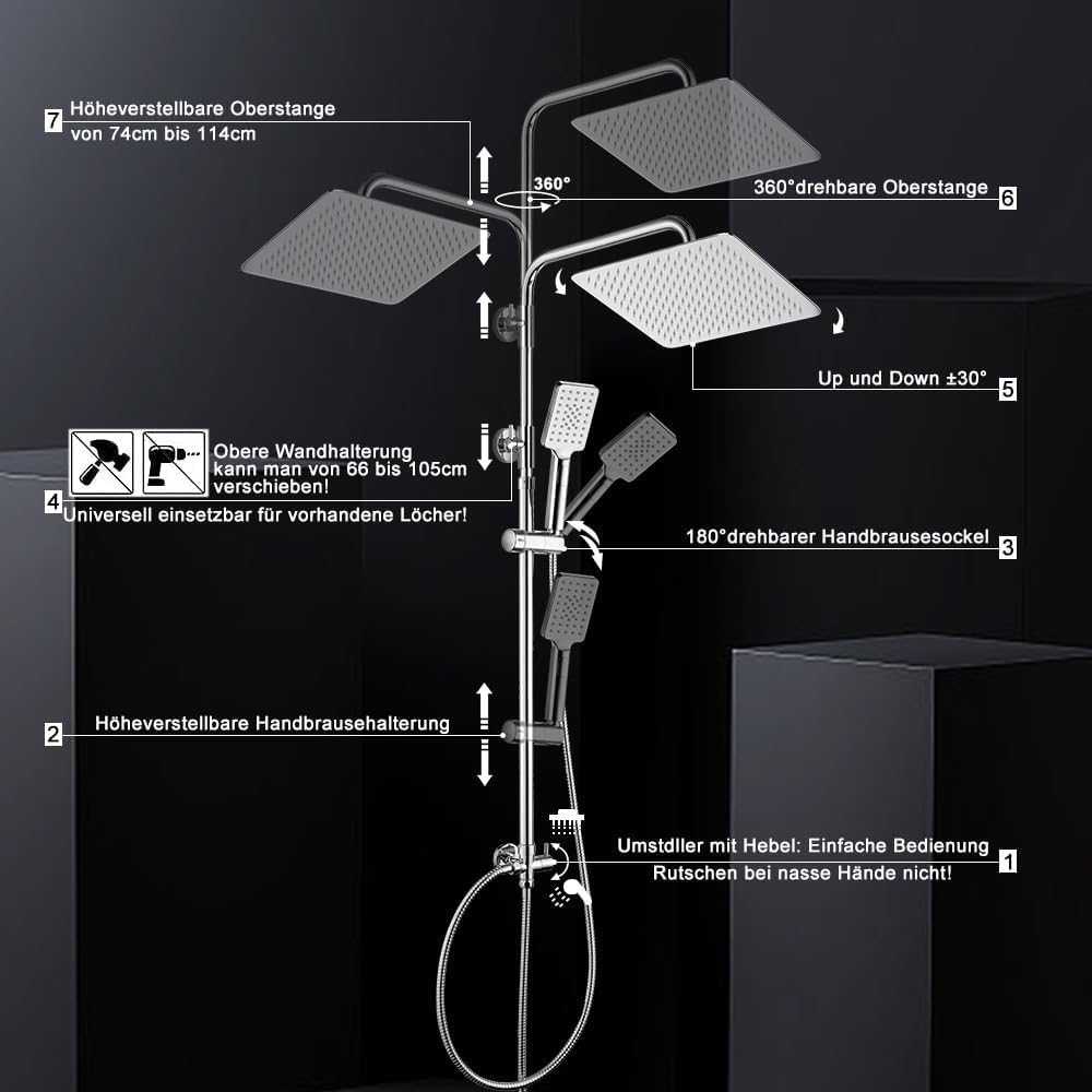 Görbach Edelstahl Duschsystem Duschset ohne Armatur Regendusche Überkopfbrauseset (SJ-E3030CP), Chro