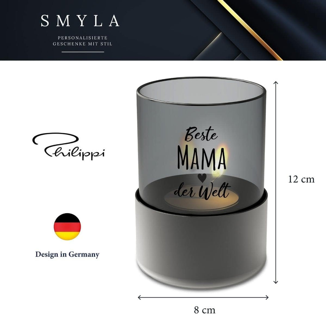 Smyla Windlicht mit Gravur aus Glas und Edelstahl | Beste Mama der Welt | Muttertagsgeschenk Geschen