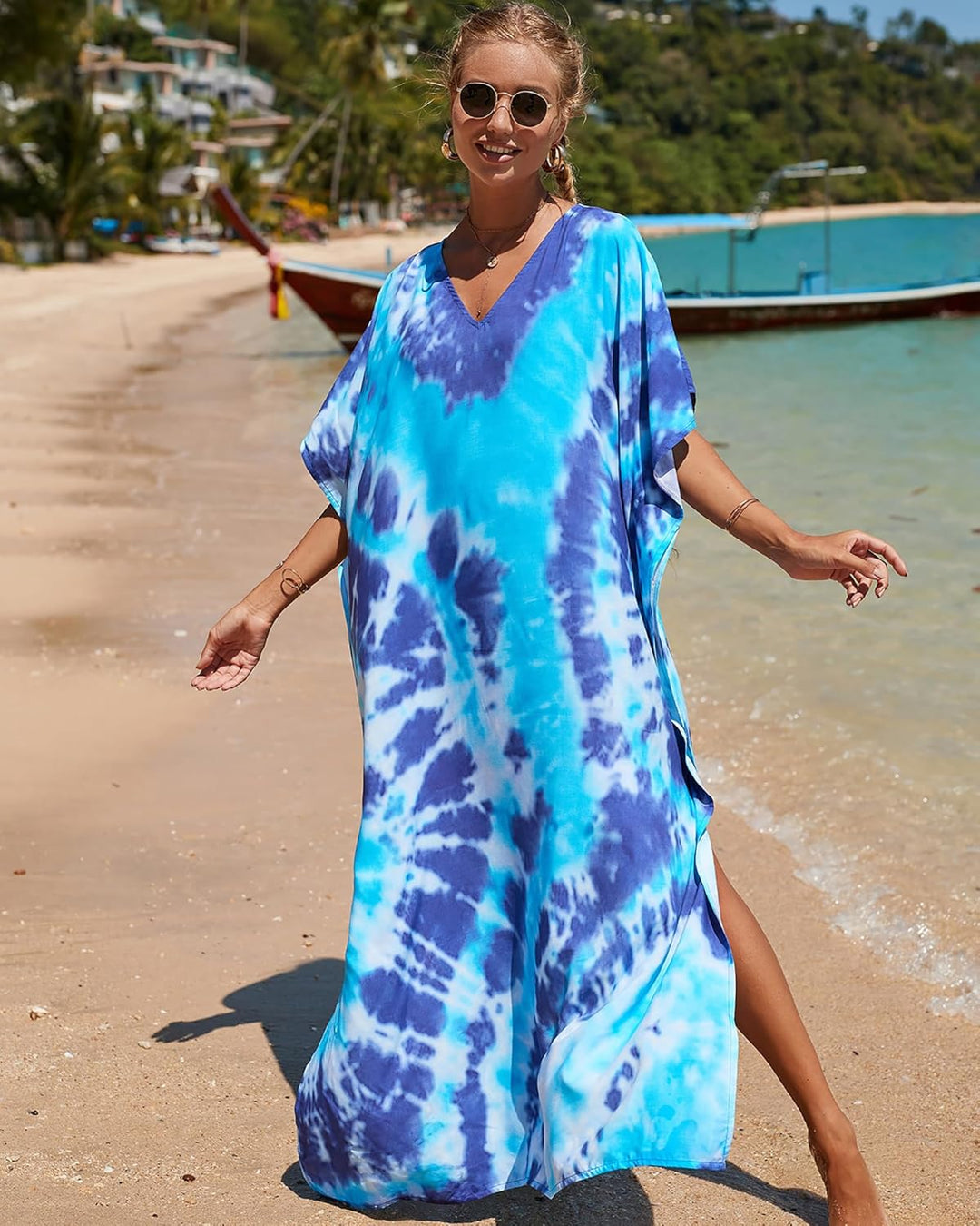 Bsubseach Lose Kaftan Kleider für Frauen Kurzarm Badeanzug Cover Up Casual Urlaub Outfits Blau Tie D